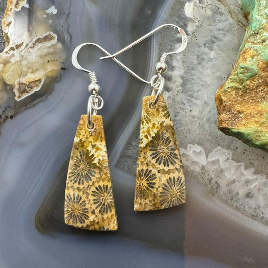 Sterling Silver Triangle Fossilized Jasper Slab Dangle Earrings For Women #198