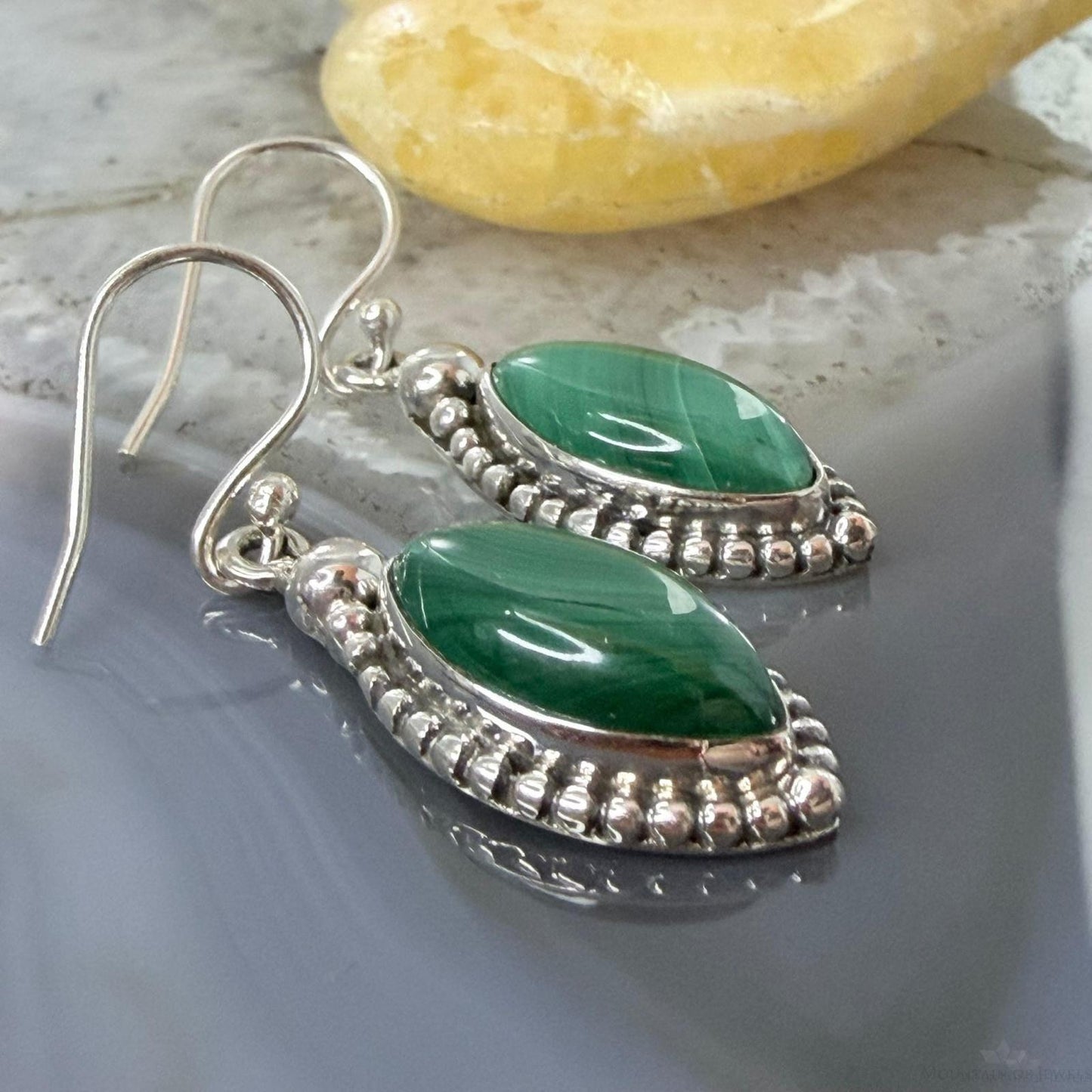 Sterling Silver Southwestern Style Marquise Malachite Dangle Earrings For Women