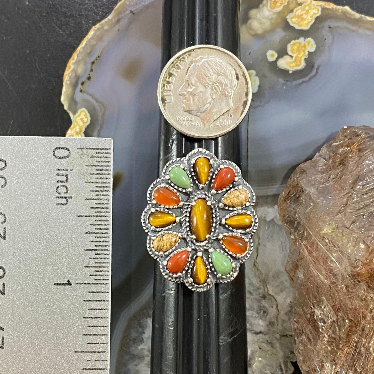 Carolyn Pollack Southwestern Style Sterling Silver Multi-gemstone Decorated Flower Cluster Ring For Women
