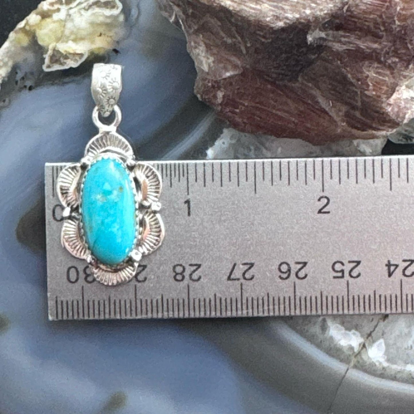 Sterling Silver Southwestern Style Oval Turquoise Decorated Pendant For Women #1