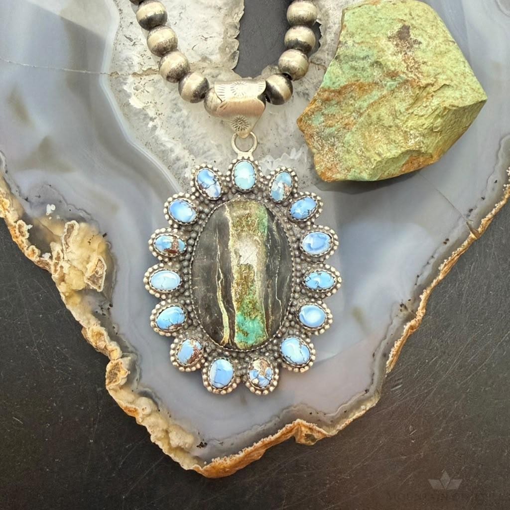 Sterling Silver Southwestern Style Blackjack &Golden Hill Turquoise Cluster Pendant For Women