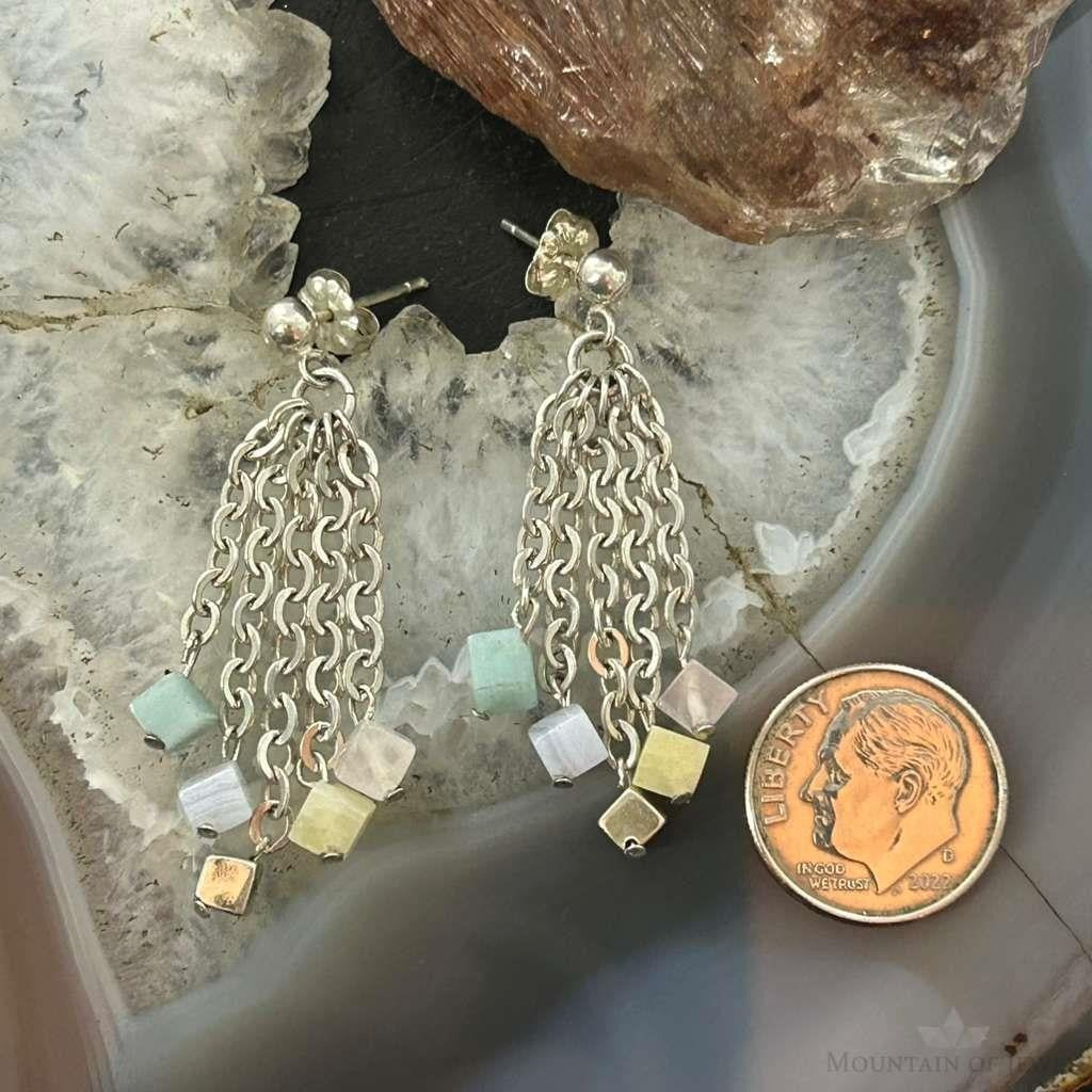 Carolyn Pollack Sterling Silver Tiny Multi Stone Cube Bead Chandelier Earrings For Women