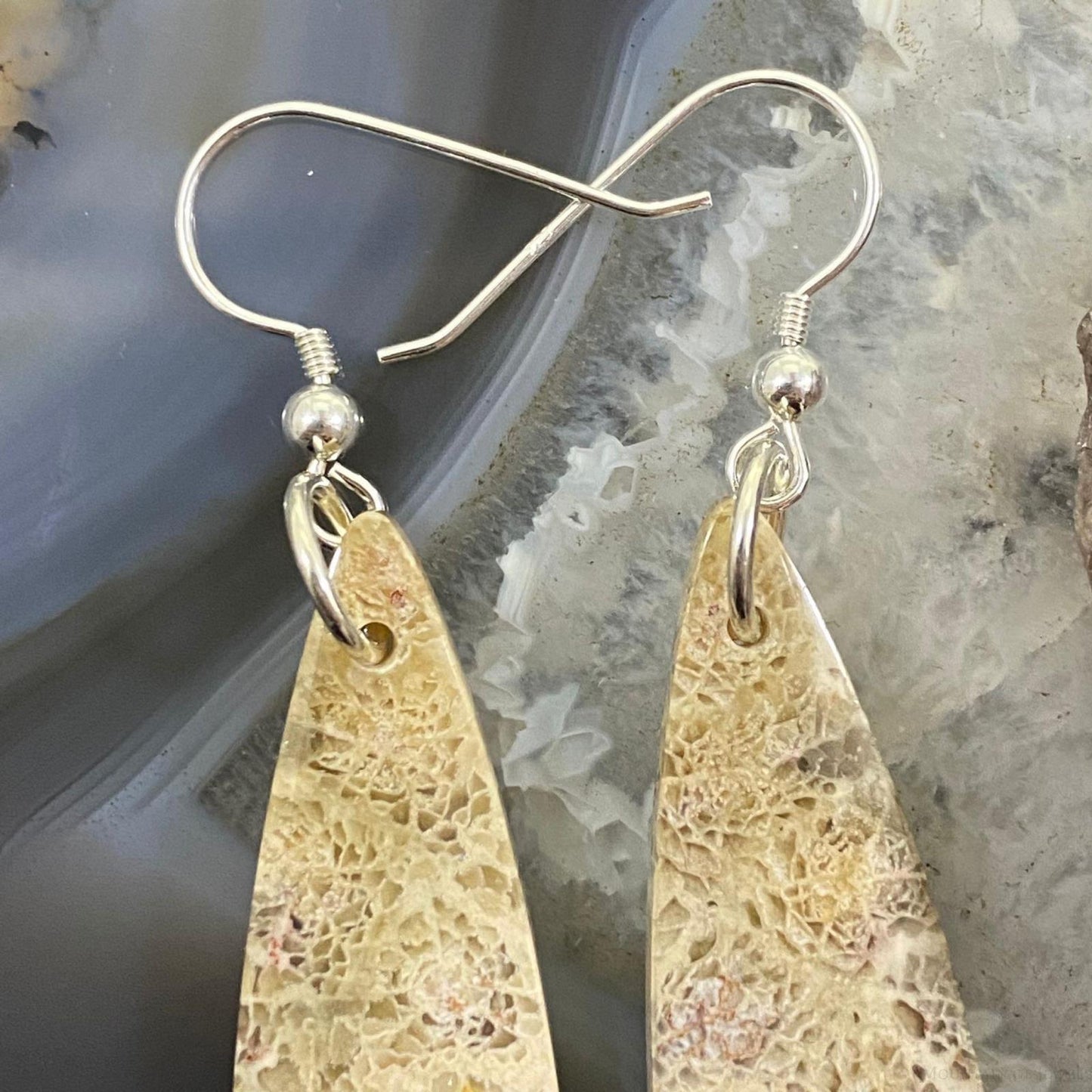 Sterling Silver Teardrop Fossilized Coral Slab Dangle Earrings For Women #091