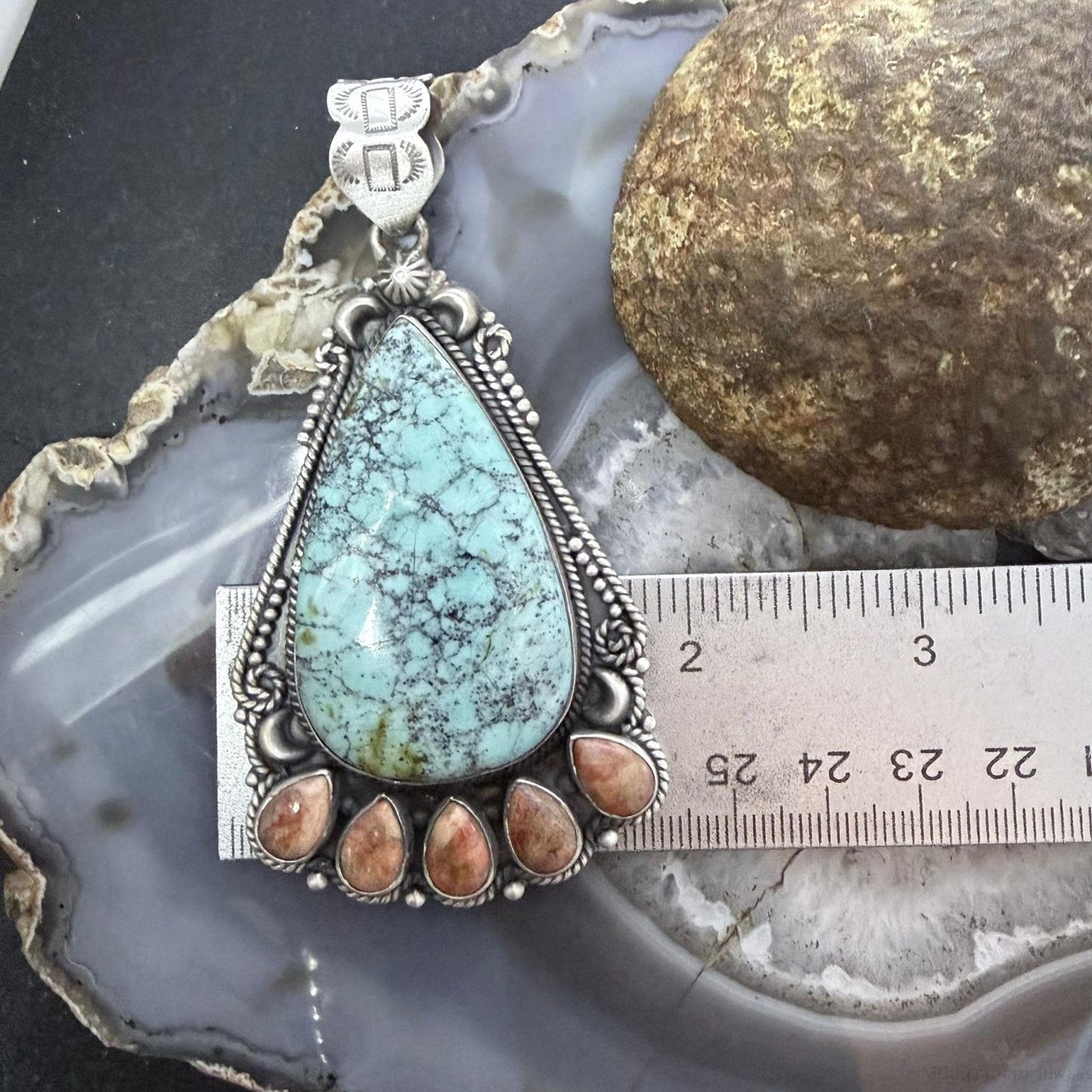 Sterling Silver Southwestern Style Teardrop Turquoise & Spiny Oyster Pendant For Women
