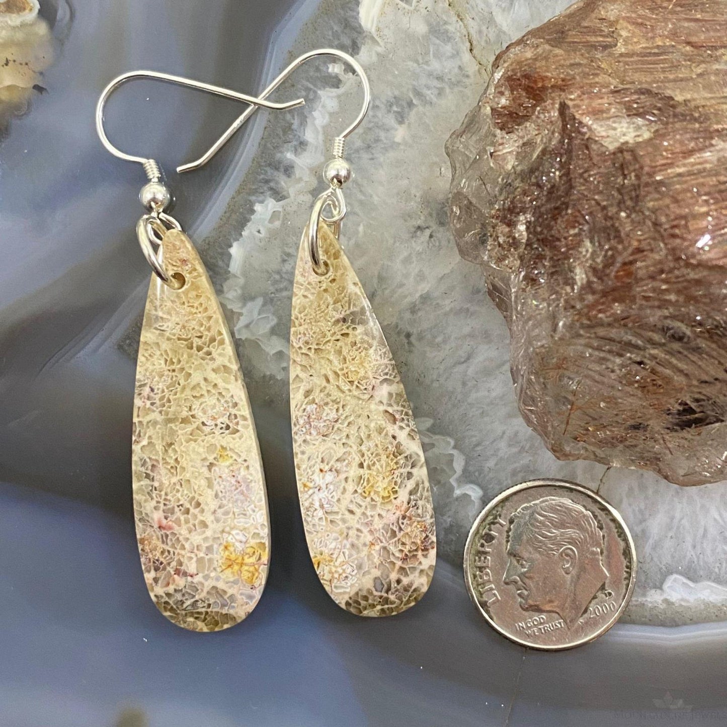Sterling Silver Teardrop Fossilized Coral Slab Dangle Earrings For Women #091