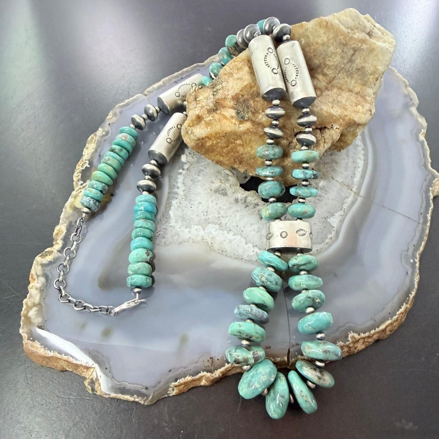 Sterling Silver Southwestern Style Turquoise Disk Beads &Starling Beads 20" Necklace For Women #1
