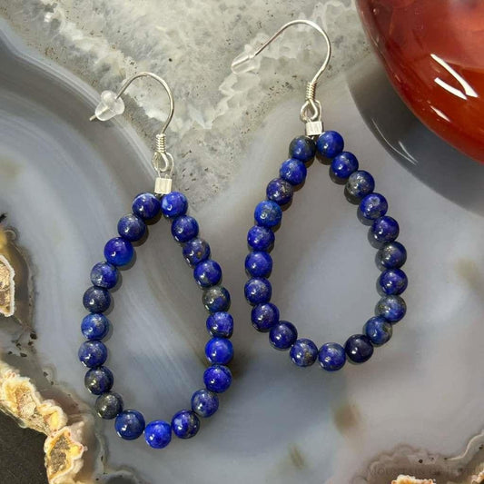 Sterling Silver Lapis Lazuli Beads Hoop Dangle Earrings For Women