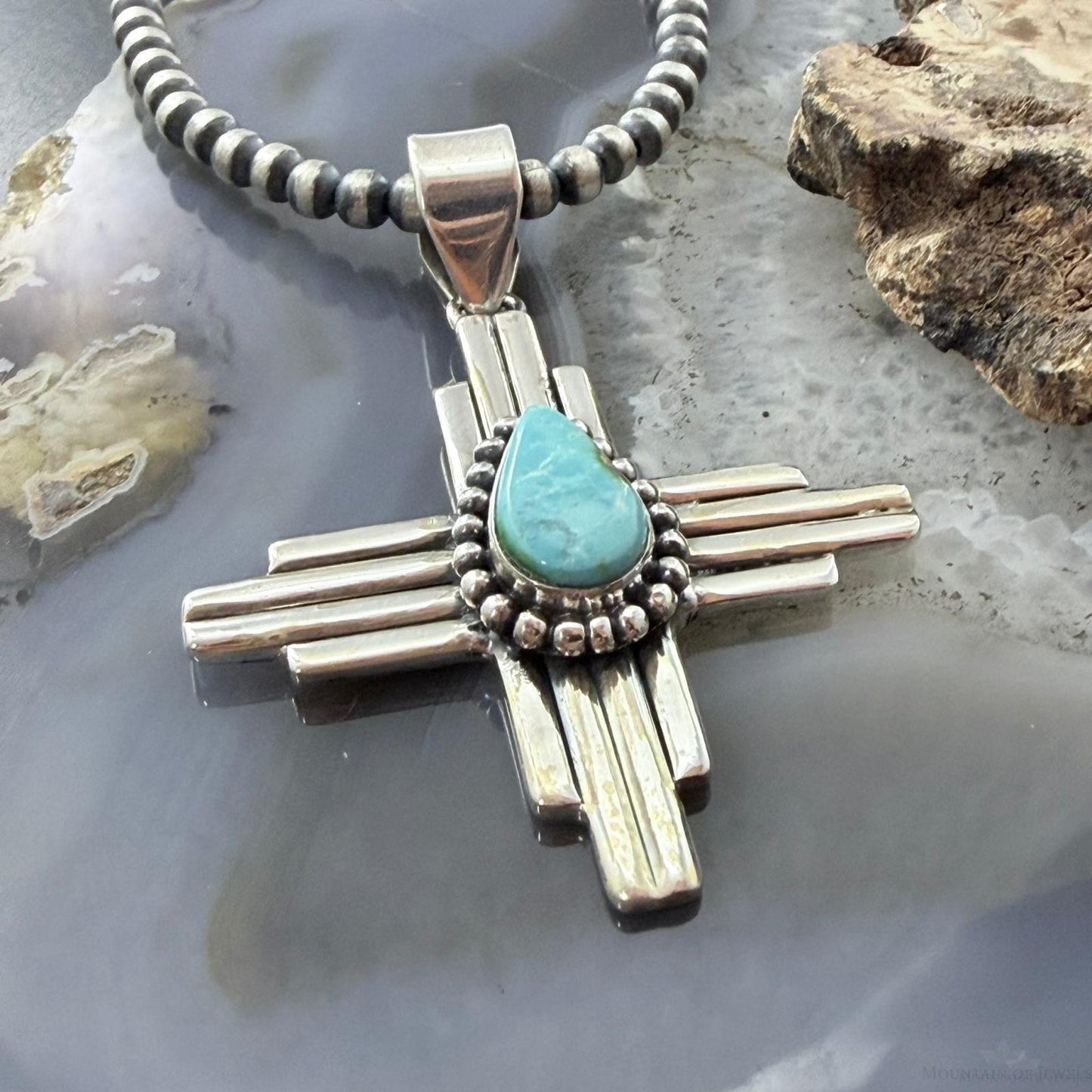 Sterling Silver Southwestern Style Teardrop Turquoise Unisex Zia Pendant