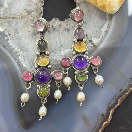 Ron Wesley Silver Southwestern Style Multi Gemstone Dangle Earrings For Women
