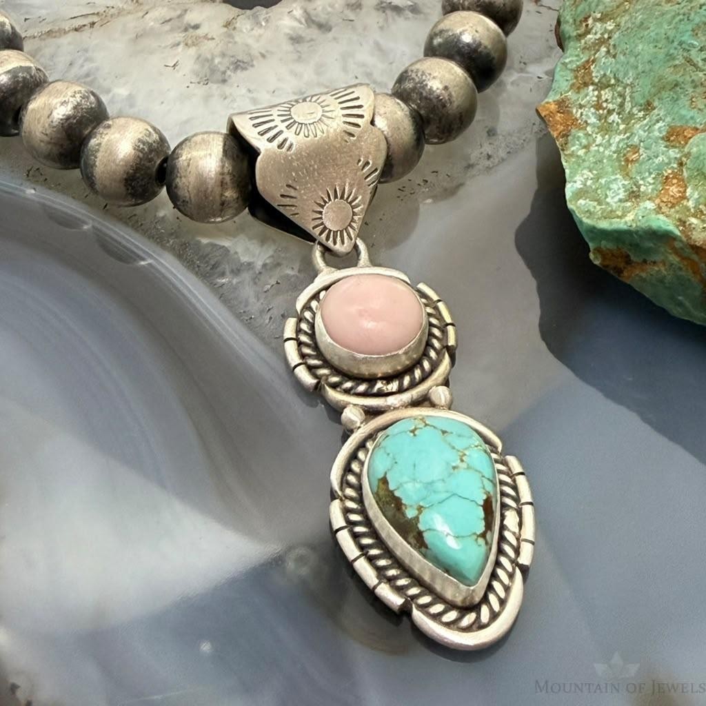 Sterling Silver Southwestern Style Pink Conch & Turquoise Pendant For Women #2