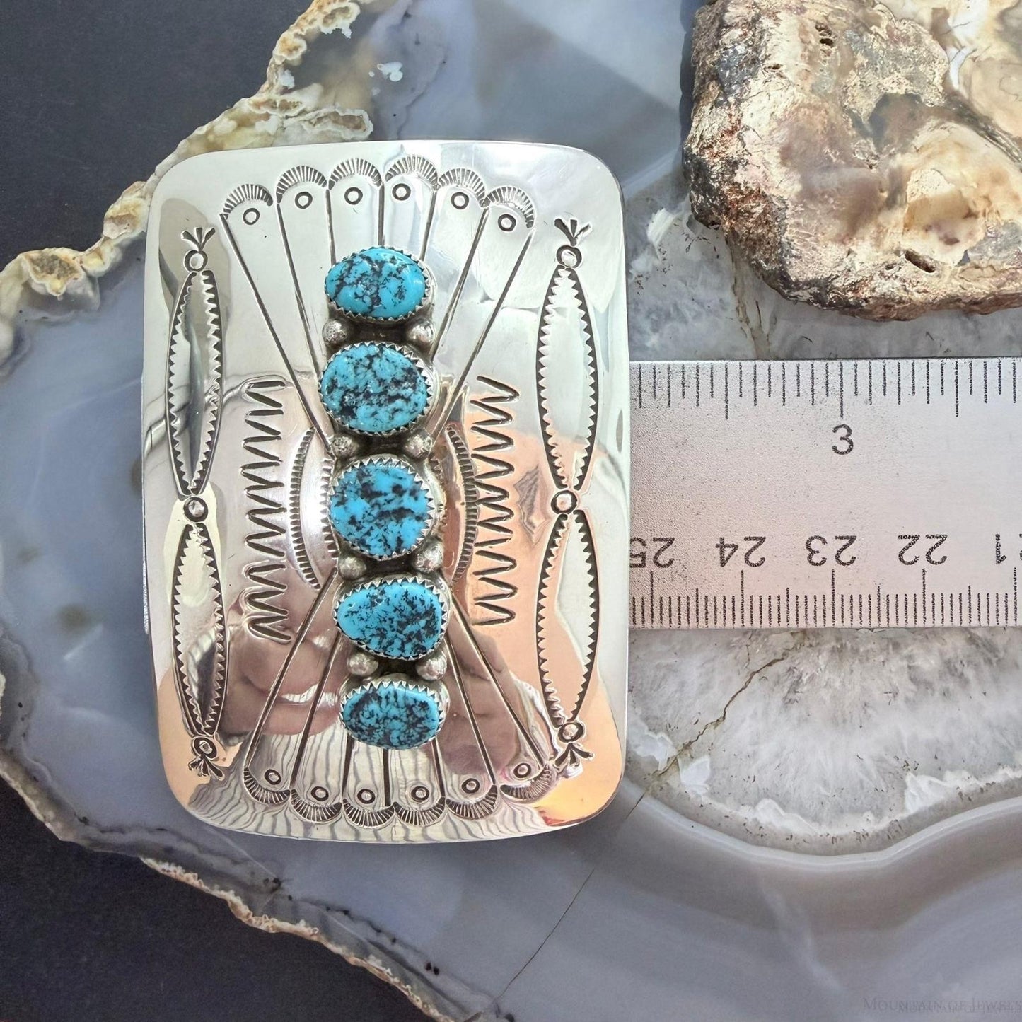 Joann Begay Native American Sterling Silver 5 Turquoise Stamped Belt Buckle For Men