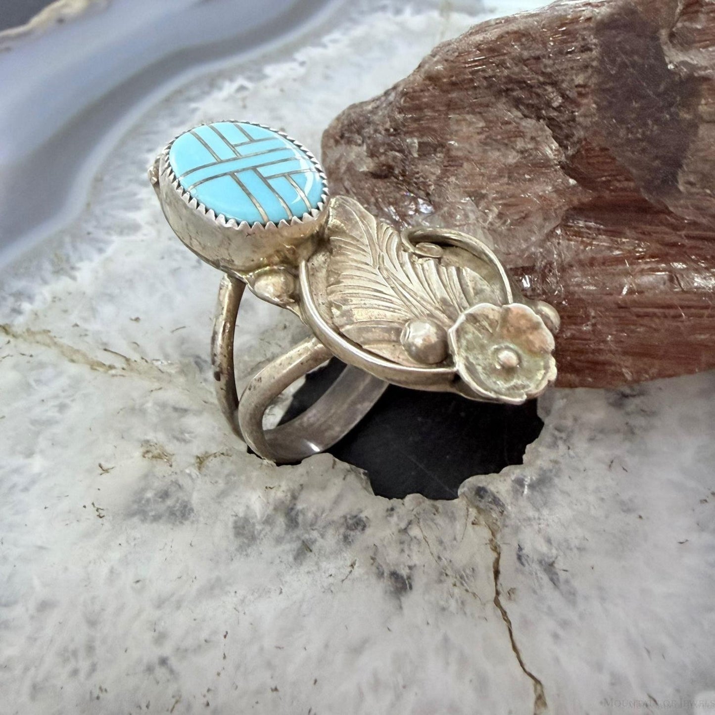 Silver Ray Sterling Silver Inlay Turquoise Decorated Leaves Ring Size 10 For Women