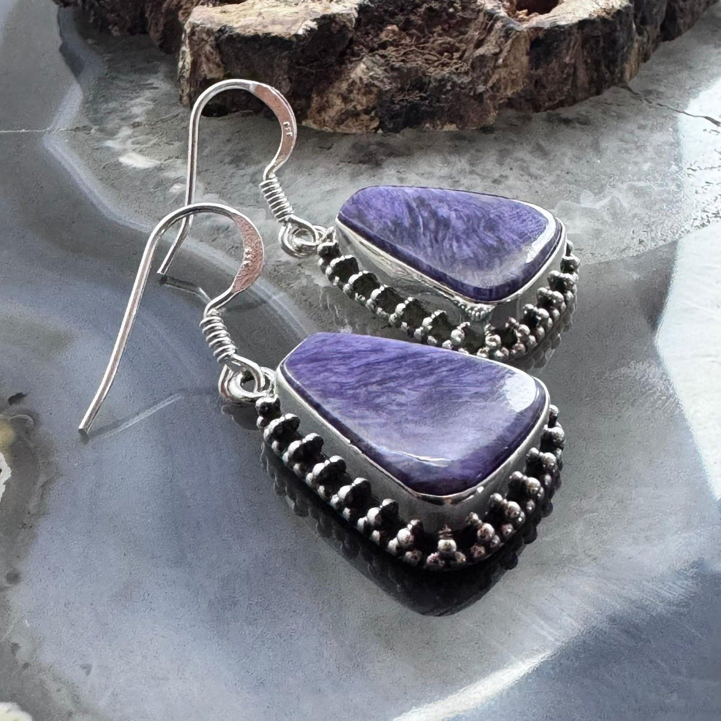 Sterling Silver Southwestern Style Trapezoid Charoite Decorated Dangle Earrings For Women