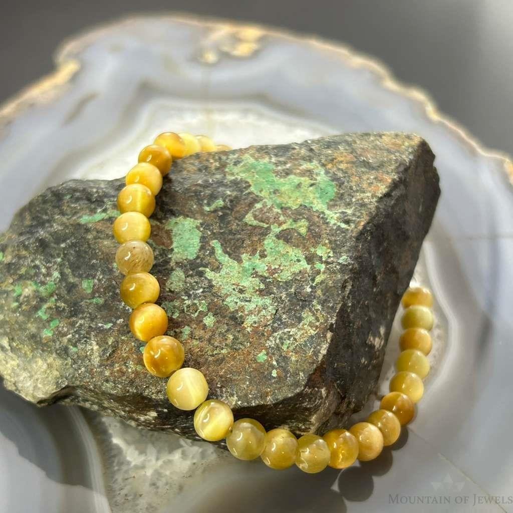 Sterling Silver 6mm Gold Tiger's Eye Beads Bracelet For Women