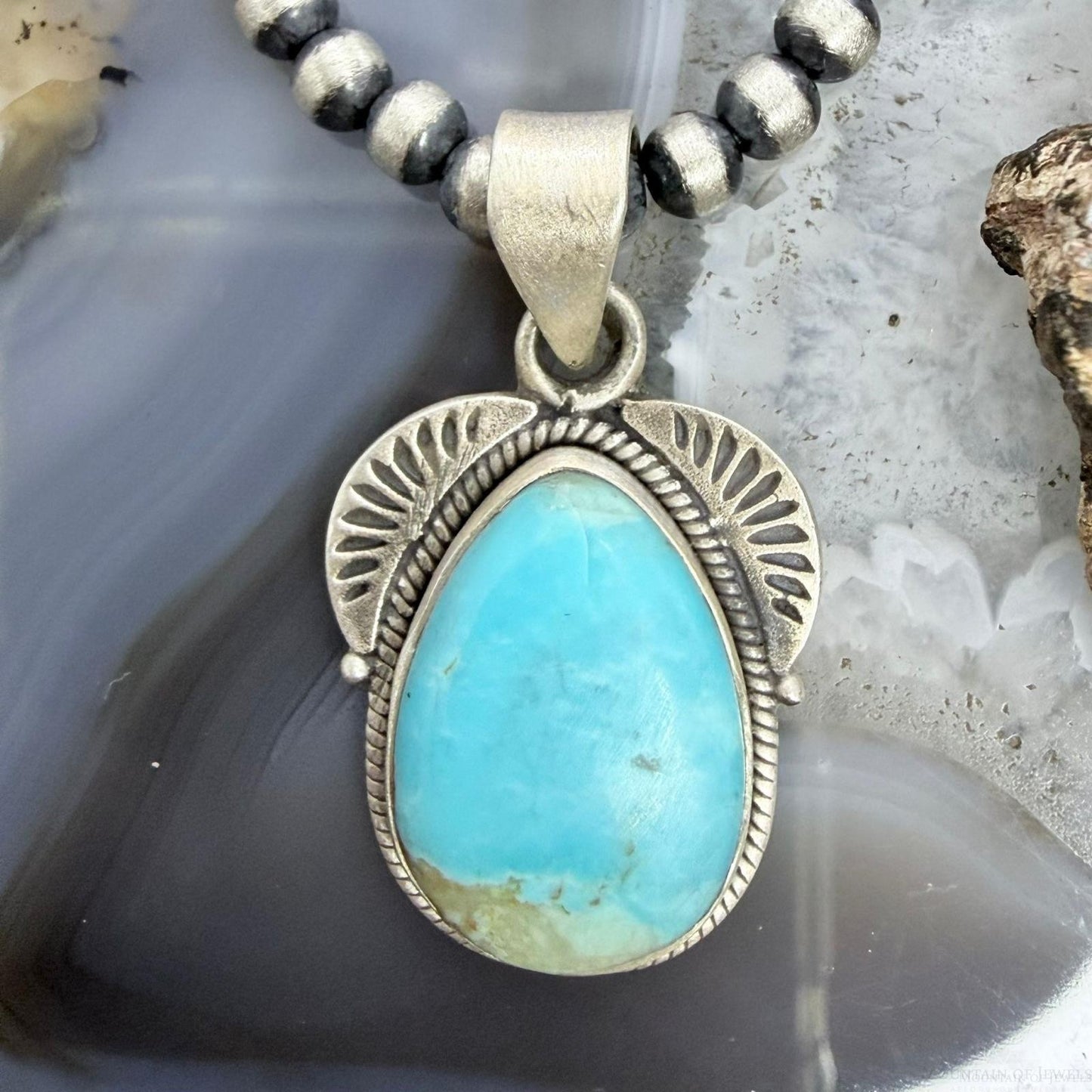 Sterling Silver Southwestern Style Wide Teardrop Kingman Turquoise Decorated Pendant