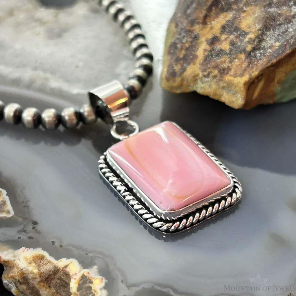 Native American Sterling Silver Rectangle Pink Conch Decorated Pendant For Women #1