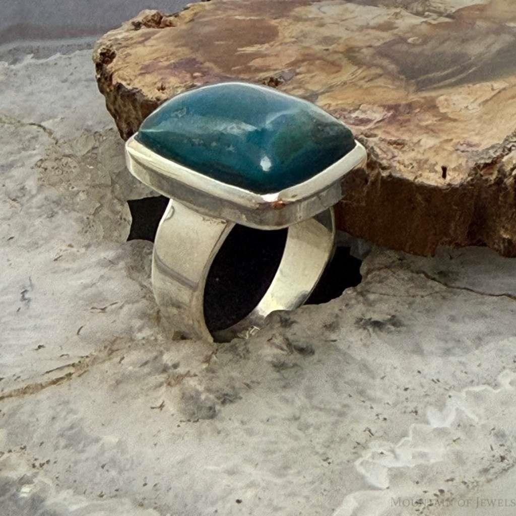 Sterling Silver Southwestern Style Rectangle Chrysocolla Ring Size 8.75 For Women