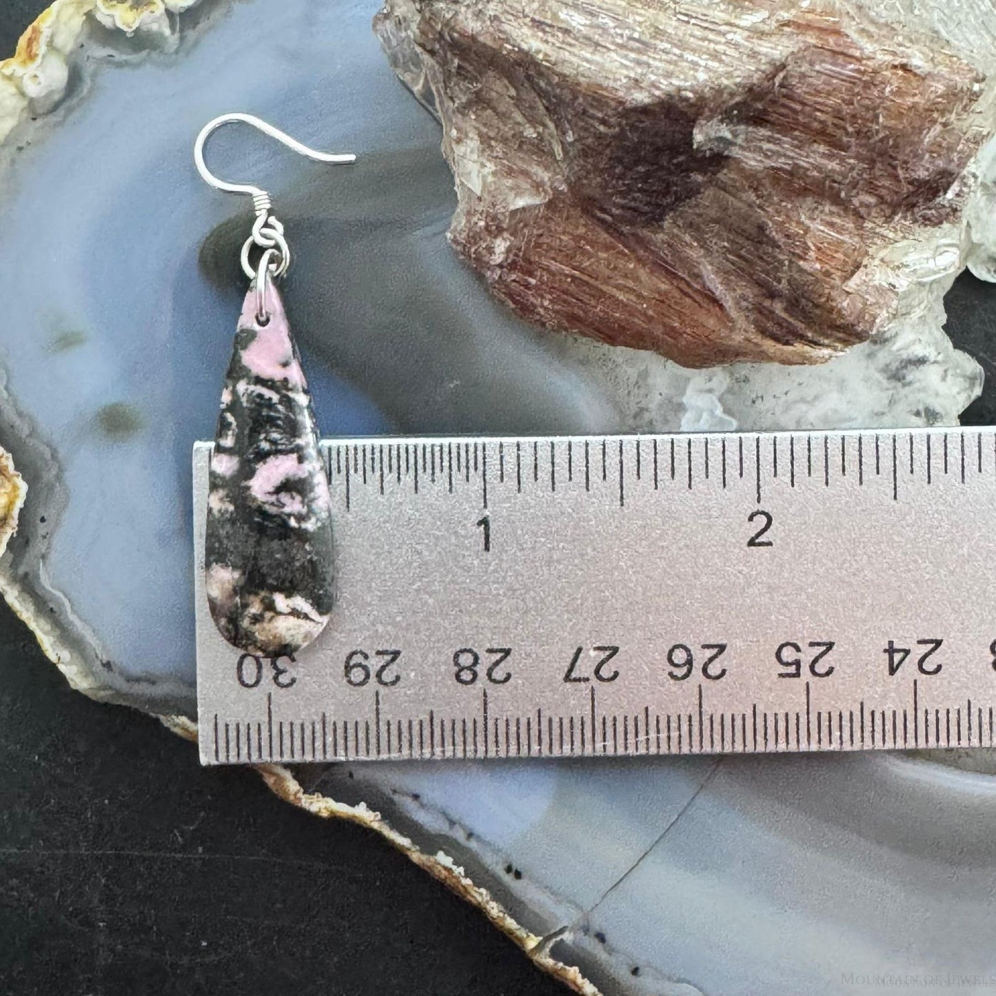 Sterling Silver Elongated Teardrop Rhodonite Slab Dangle Earrings For Women #233