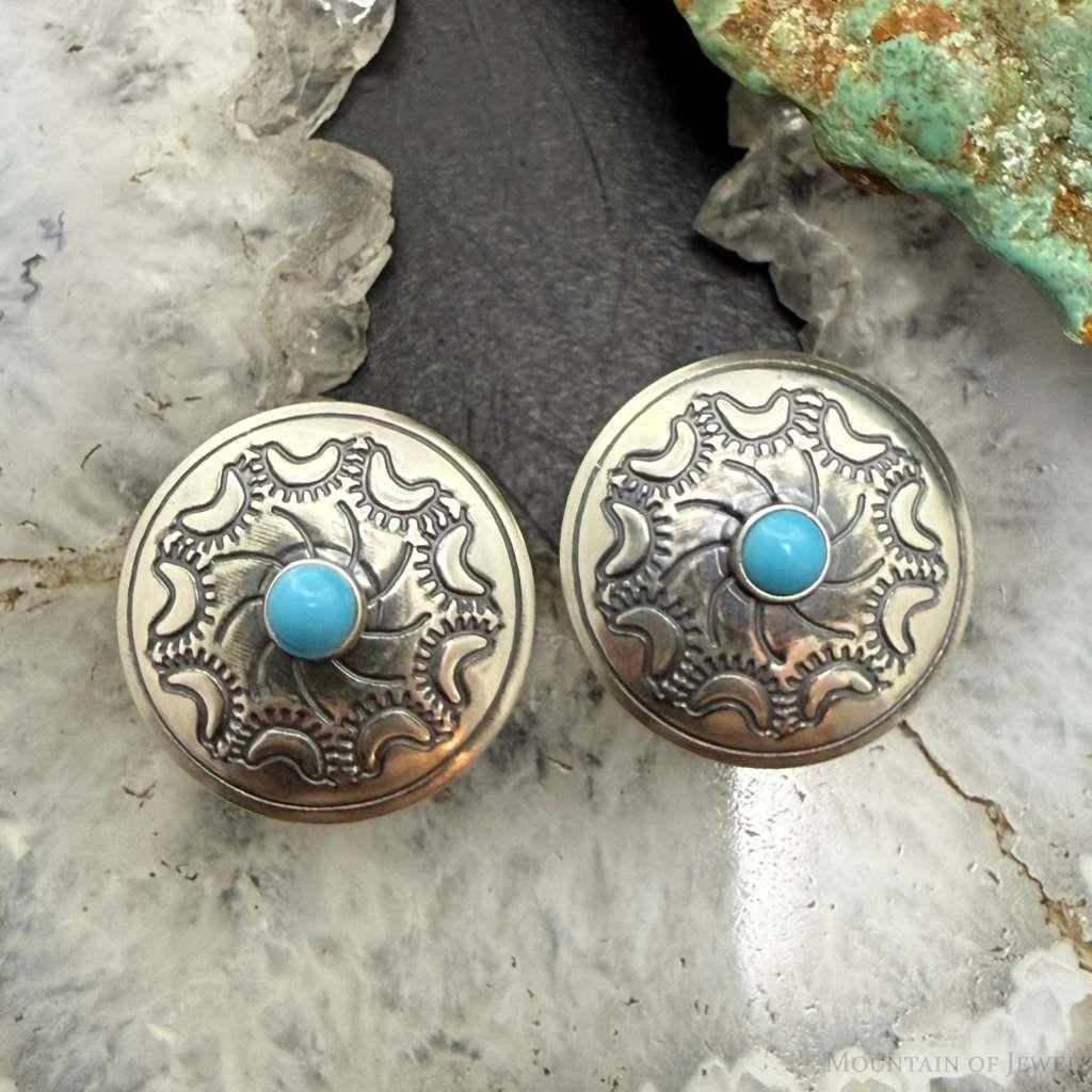 Native American Sterling Silver Stamped Rounded Concho w/Turquoise Stud Earrings For Women