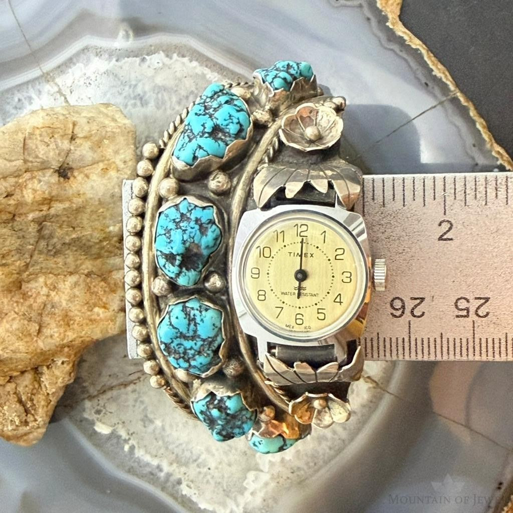 Vintage Steven B Native American Silver Rough Turquoise Watch Bracelet For Women