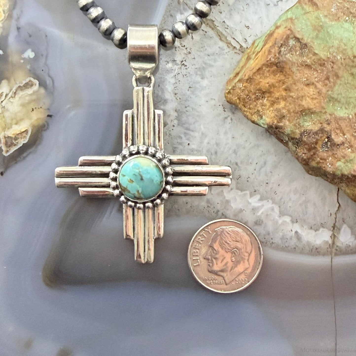 Sterling Silver Southwestern Style Rounded Turquoise Unisex Zia Pendant