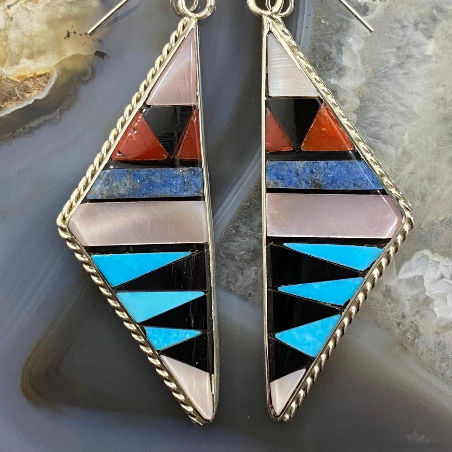 Sheryl Edaakie Zuni Native American Sterling Silver Multi Stone Inlay Earrings 3