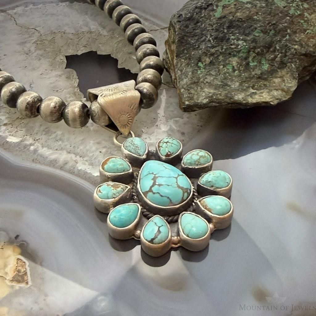 Sterling Silver Southwestern Style Teardrop Royston Turquoise Decorated Cluster Pendant