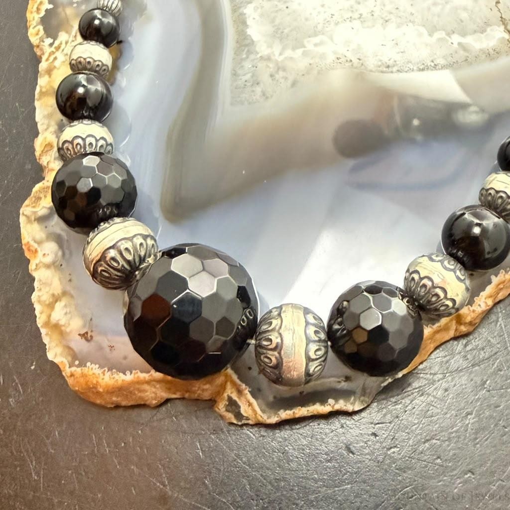 Carolyn Pollack Sterling Rounded & Faceted Onyx Beads Braided Leather Necklace For Women