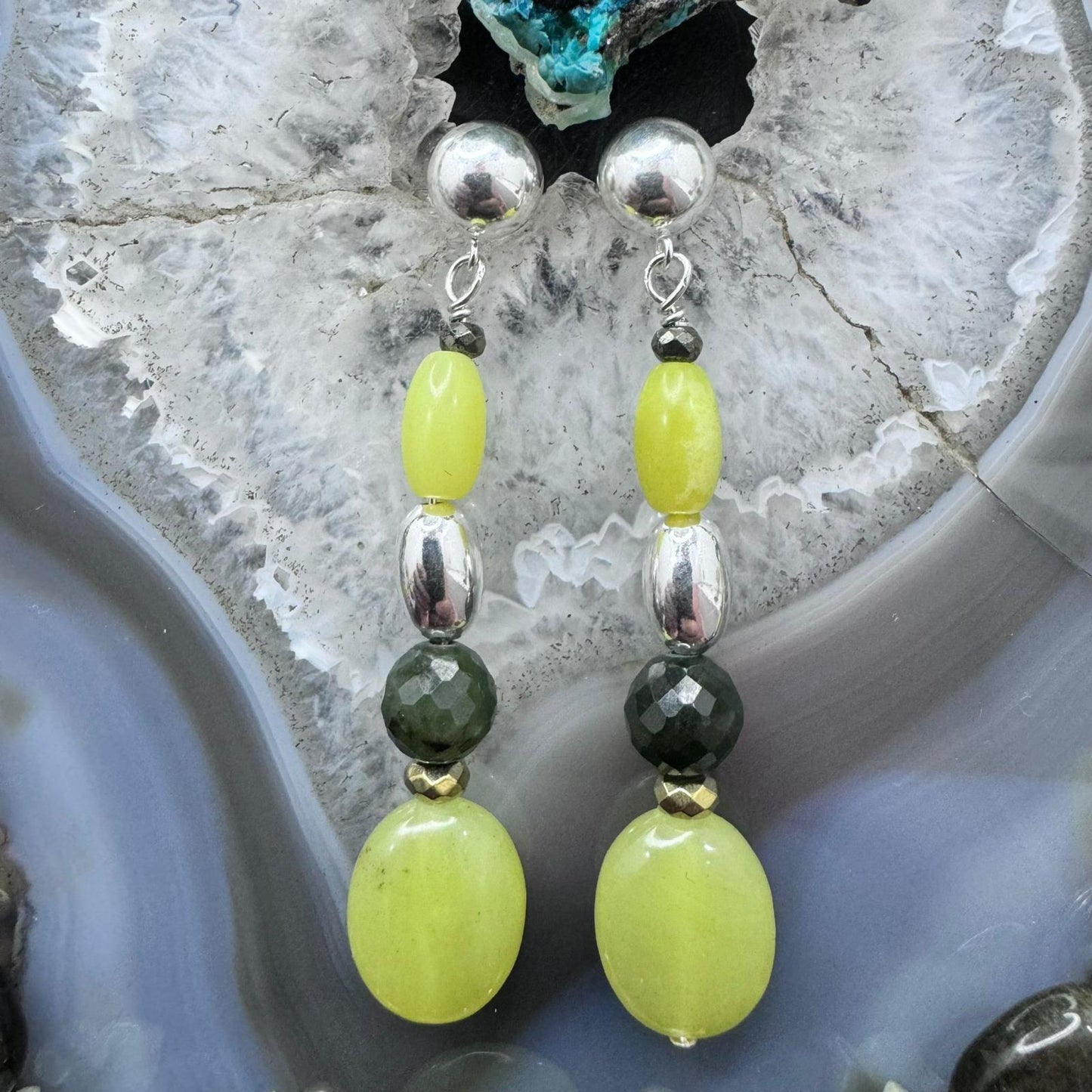 Carolyn Pollack Sterling Silver Serpentine/Prehnite Bead Necklace 21"-24" & Dangle Earrings Set