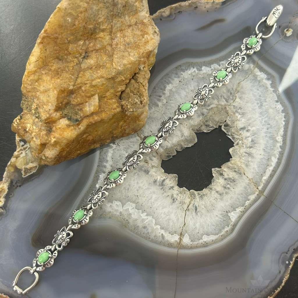 Carolyn Pollack Sterling Silver 7 Oval Variscite Decorated Link Bracelet For Women