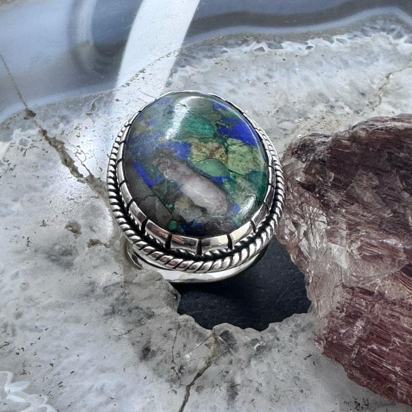 Sterling Silver Southwestern Style Oval Malachite Azurite Ring Size 7.5 For Women