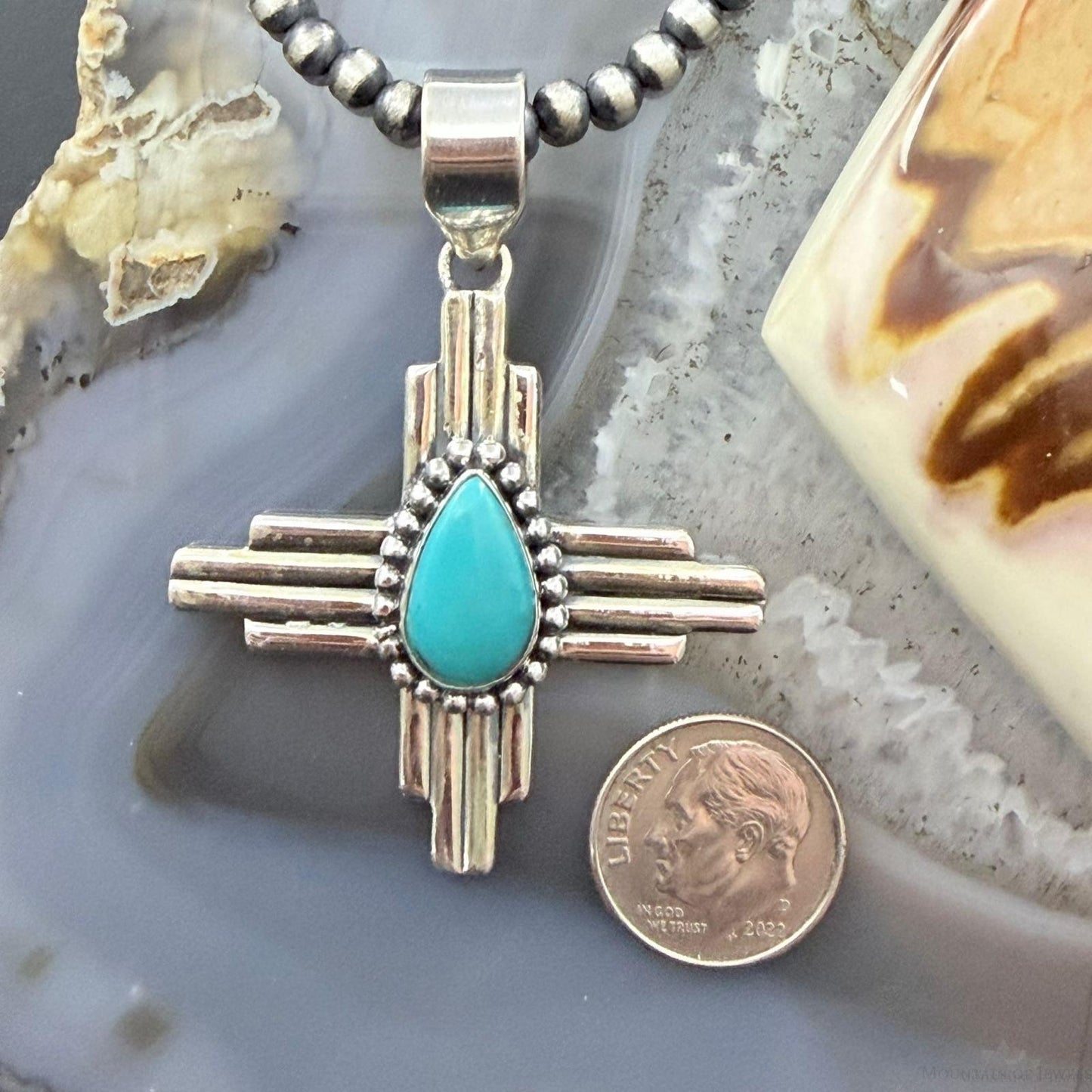 Sterling Silver Southwestern Style Teardrop Turquoise Unisex Zia Pendant