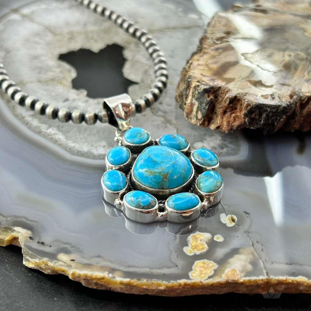 Sterling Silver Southwestern Style Mohave Turquoise Cluster Pendant For Women #2