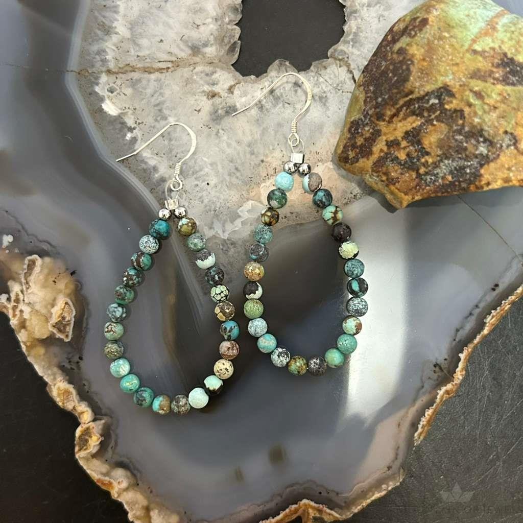 Sterling Silver Rounded Various Turquoise Beads Hoop Dangle Earrings For Women