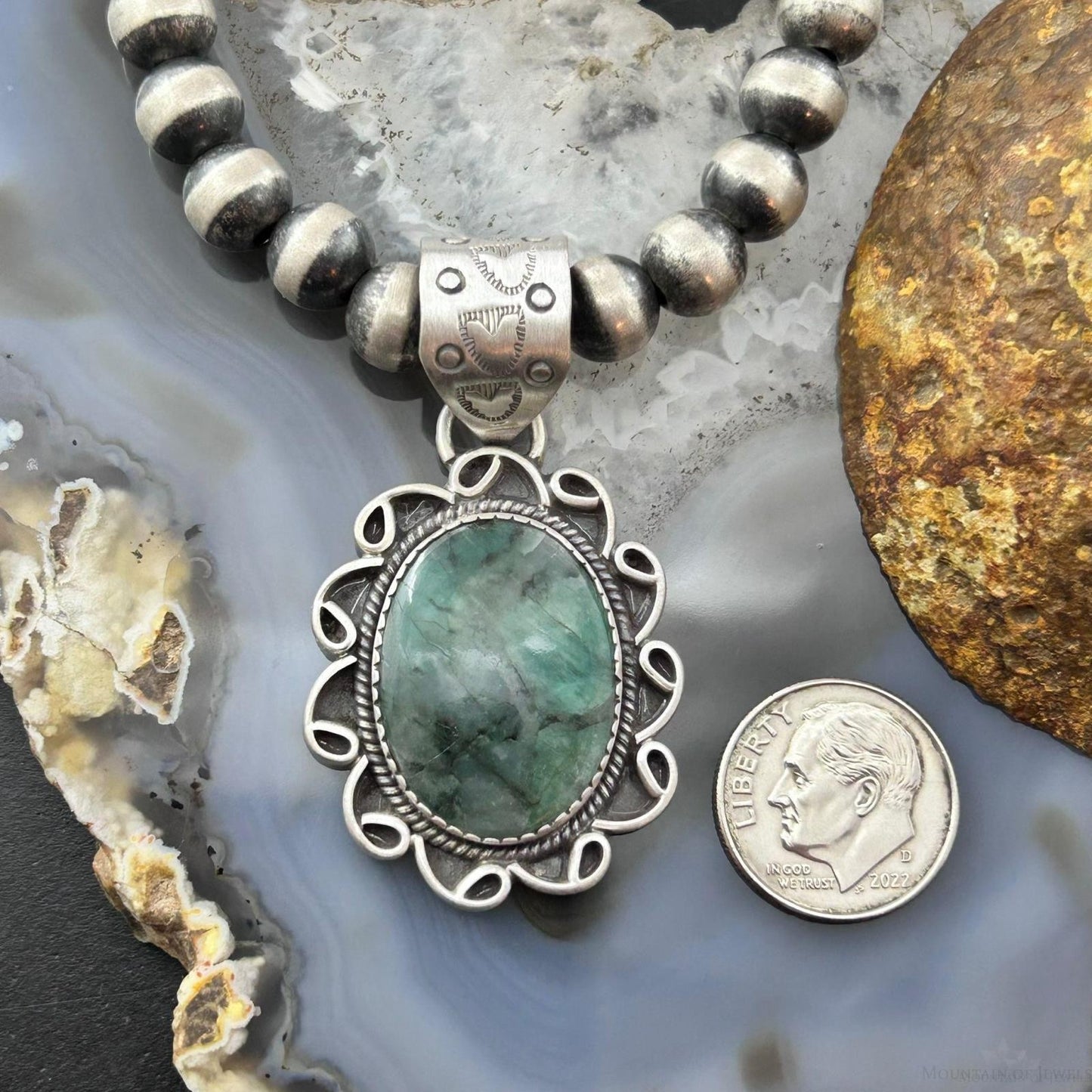 Sterling Silver Southwestern Style Oval Emerald Decorated Pendant For Women #1