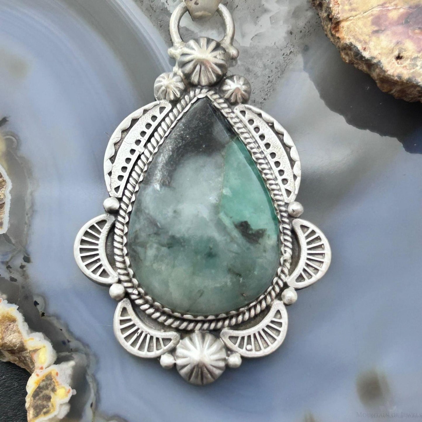 Sterling Silver Southwestern Style Teardrop Emerald Decorated Pendant For Women