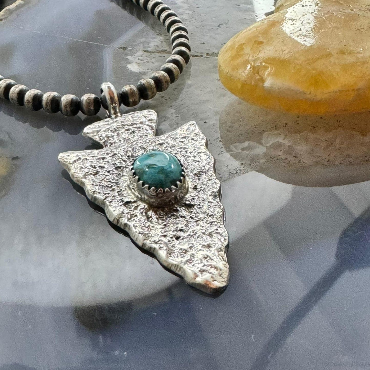 Gary Custer Native American Navajo Sterling Silver Tufa Cast Turquoise Arrowhead Unisex Pendant #4