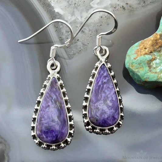 Sterling Silver Southwestern Style Teardrop Charoite Dangle Earrings For Women