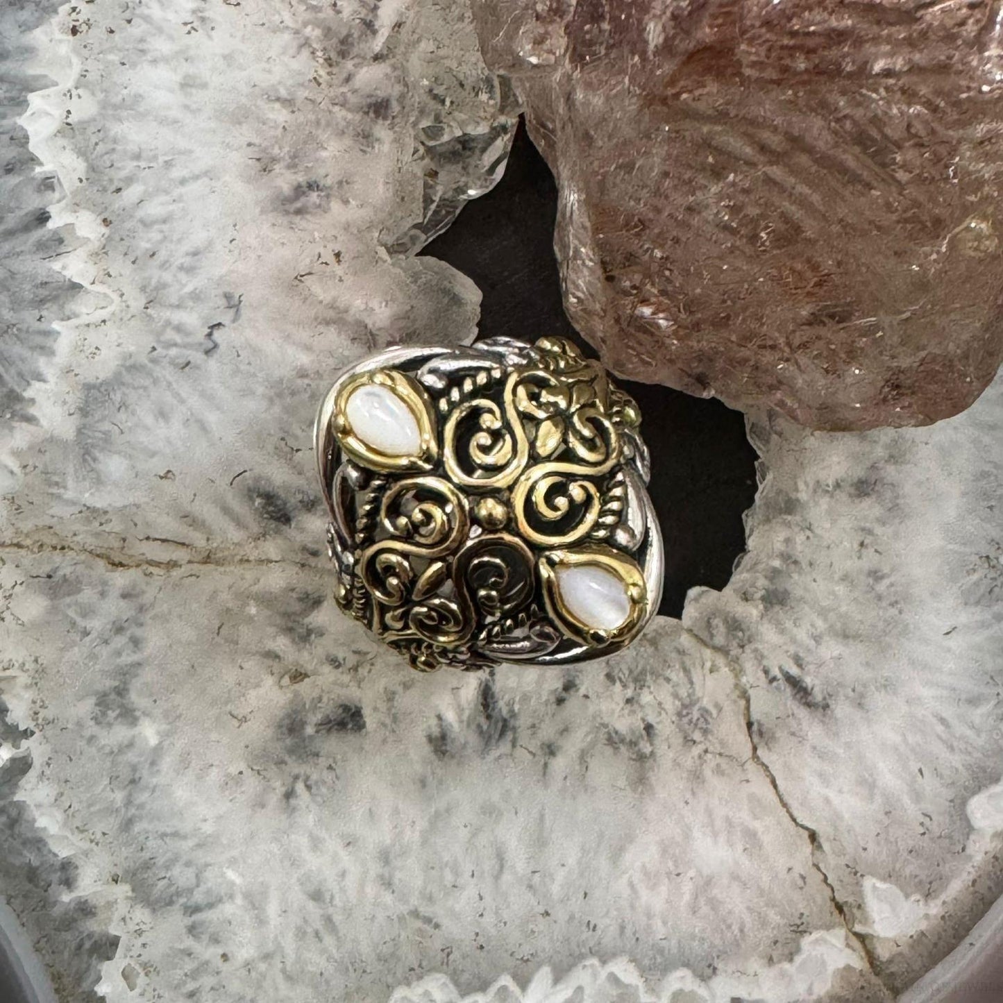 Carolyn Pollack Sterling Silver & Brass 2 Mother of Pearl Decorated Ring For Women