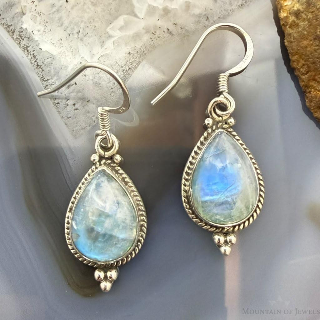 Sterling Silver Southwestern Style Teardrop Moonstone Decrated Dangle Earrings For Women