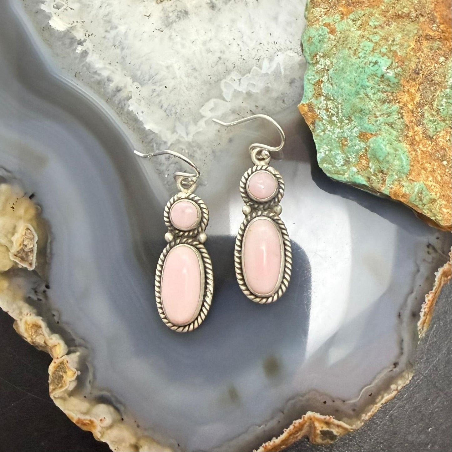 Sterling Silver Southwestern Style Pink Conch Dangle Earrings For Women