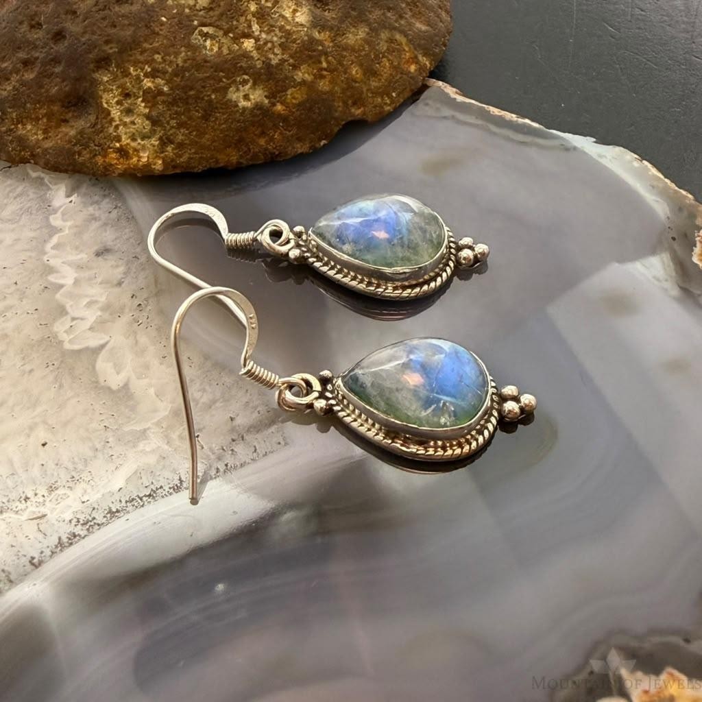 Sterling Silver Southwestern Style Teardrop Moonstone Decrated Dangle Earrings For Women