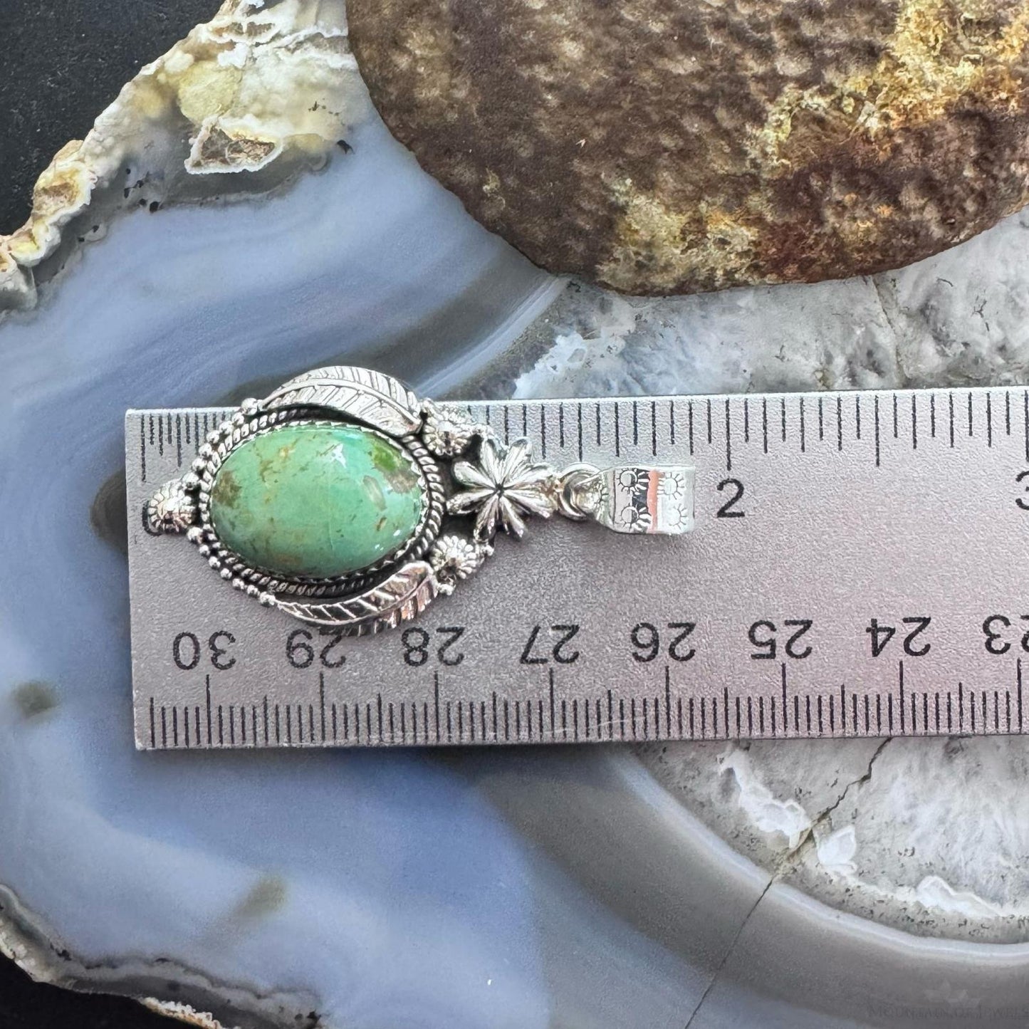 Sterling Silver Southwestern Style Oval Turquoise Leaves Decorated Pendant For Women