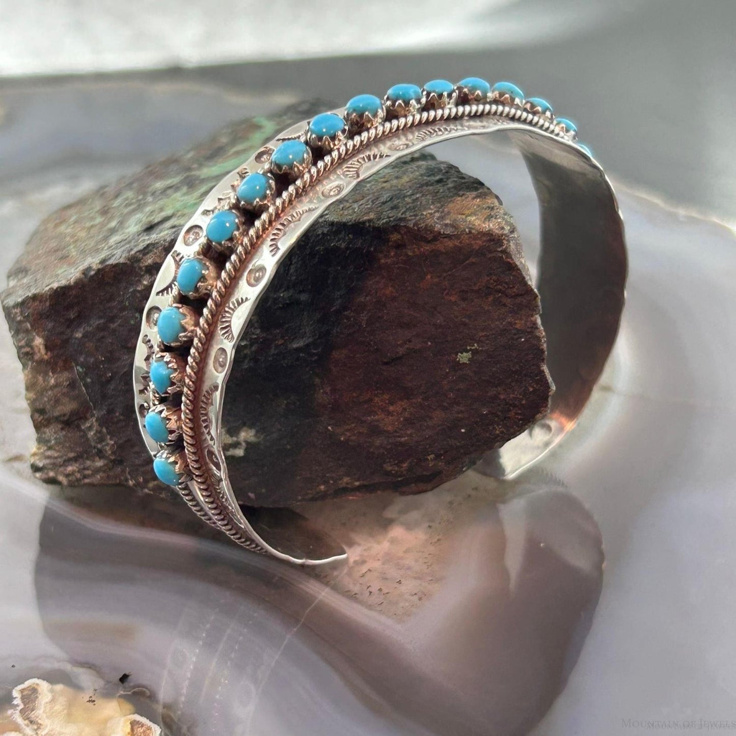 Jason & Pearl Ukestine Native American Sterling Silver Turquoise Single Row Bracelet For Women