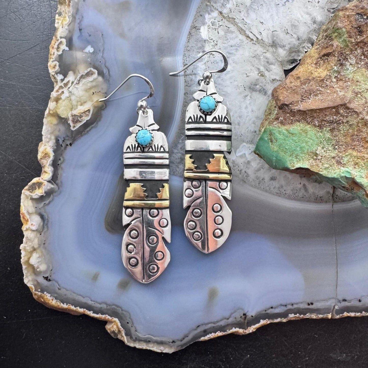 Tommy & Rosita Singer Sterling Silver & Gold Filled Turquoise Feather Dangle Earrings For Women