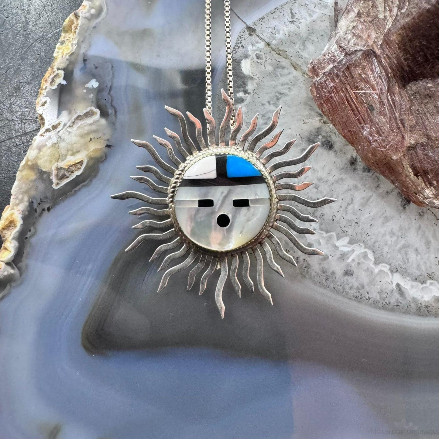 Vintage Signed Native American Sterling Silver Multistone Inlay Sunface Pendant/Brooch