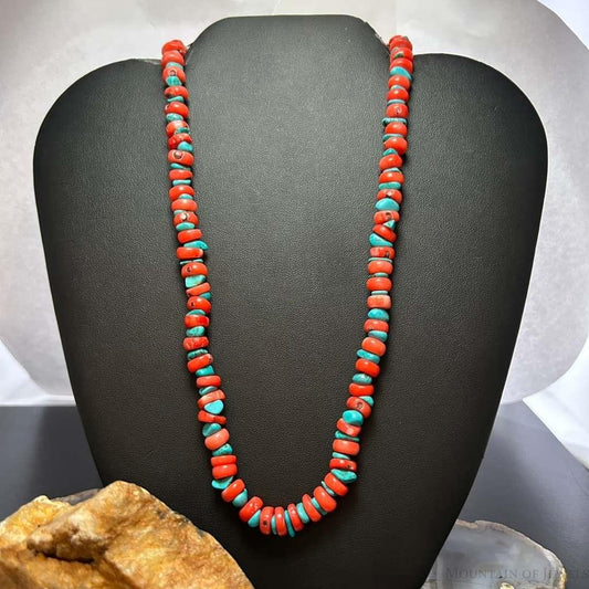 Vintage Native American Disk Red Coral &Natural Turquoise 18" Necklace For Women