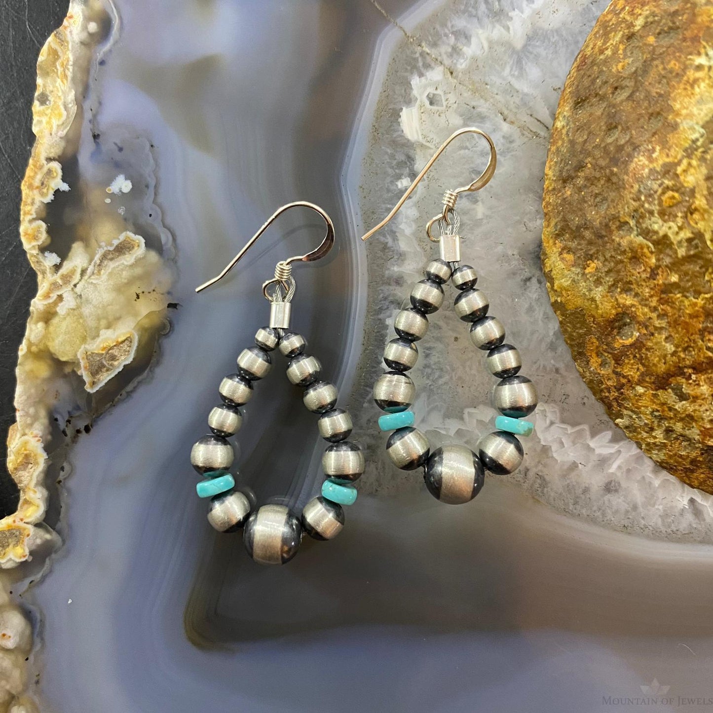 Graduated Navajo Pearl Beads &Turquoise Sterling Hoop Dangle Earrings For Women