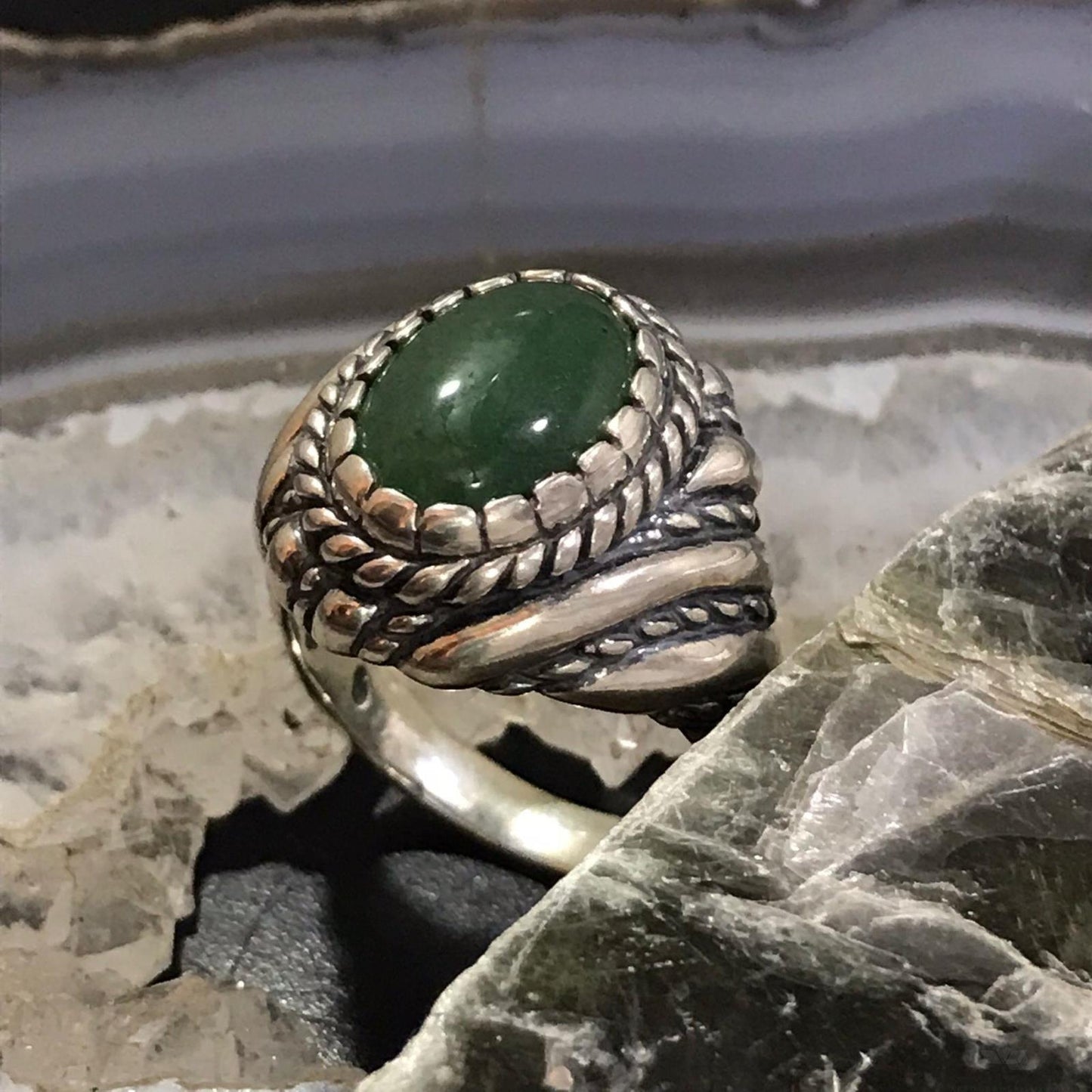 Carolyn Pollack Sterling  Silver Oval Green Aventurine Decorated Ring Size 11 For Women