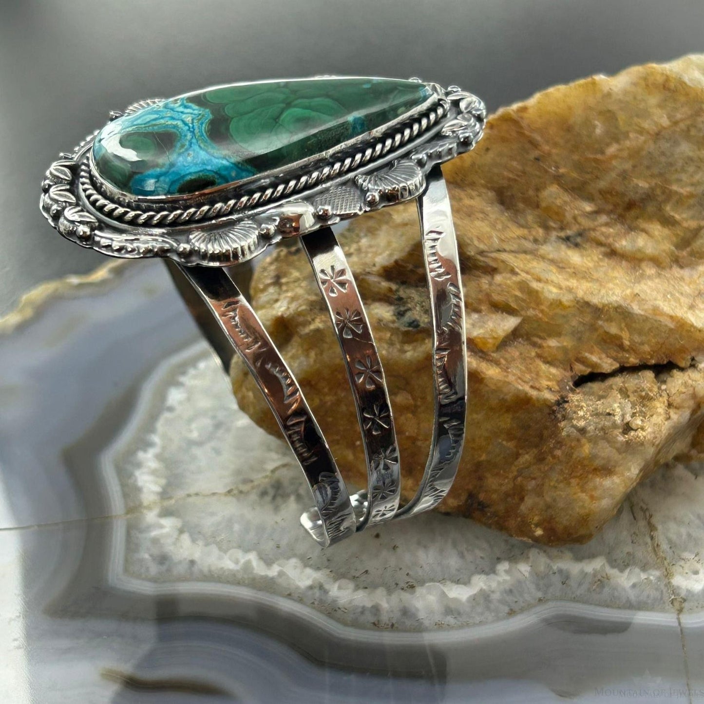 Sterling Silver Southwestern Style Elongated Teardrop Malachite Azurite Bracelet For Women